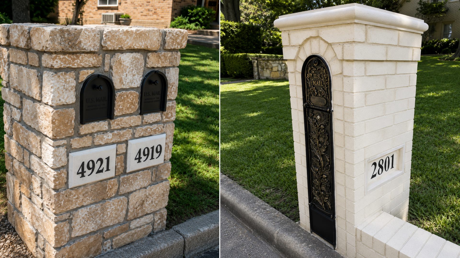 Finished brick and stone mailbox columns by Pfleger Masonry